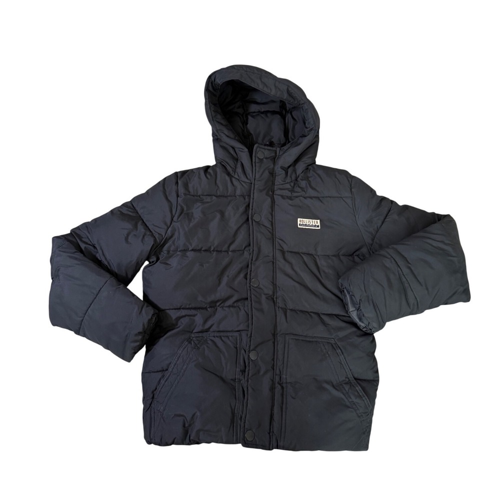 Hollister Y2K Puffer Jacket Black Hooded Fleece Lined Quilted Winter 2000s S
